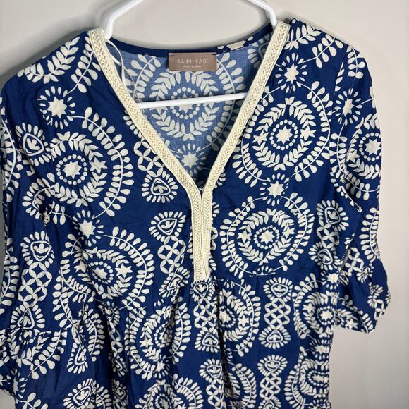 Saiph Lab Boho Top Blue White Bell Sleeve Blouse Size M Tunic Festival Peasant - Picture 7 of 9